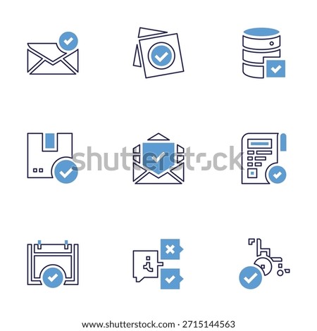 Checkmark icon set. Bold line style. Duotone colors. Editable stroke. sent, note, checked, database, email, check, contract, information, wheelchair.