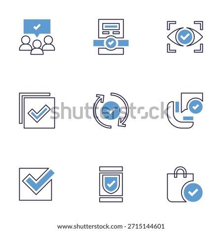 Checkmark icon set. Bold line style. Duotone colors. Editable stroke. audience, right, checked, call, approved, shopping bag, view, validated, protect.