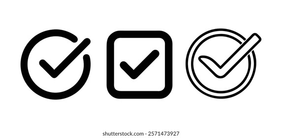 Checkmark icon set in bold style, A set of three bold black checkmark icons in circles and squares, representing approval, verification, and completed tasks. 

