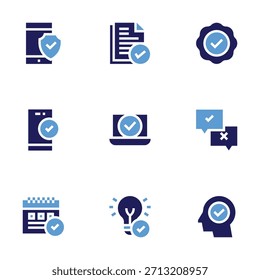 Conjunto de iconos de marca de verificación. Estilo audaz. Duotone colores. pegatina, Encuesta, tick, aprobar, asegurar, comprobar, calendario, portátil, idea.