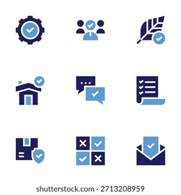 Conjunto de iconos de marca de verificación. Estilo audaz. Comentarios, conformidad, hipoalergénico, lista, buena revisión, casa, caja, selección, comprobación.