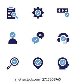 Conjunto de iconos de marca de verificación. Estilo audaz. Duotone colores. control de calidad, correcto, contratado, Contraseña, opinión, marcador de posición, Servicio al cliente, humano.