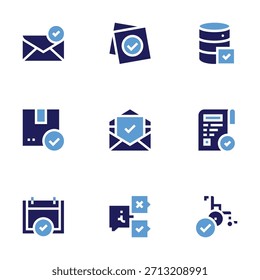 Checkmark icon set. Bold style. Duotone colors. sent, note, checked, database, email, check, contract, information, wheelchair.