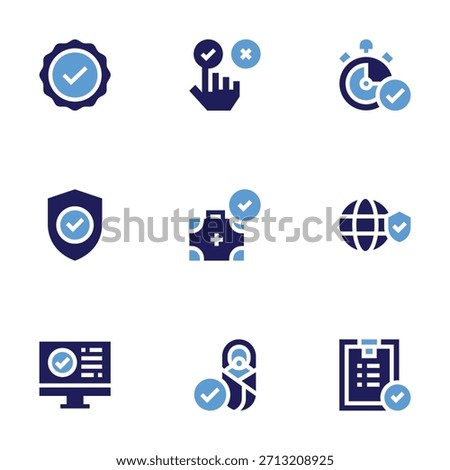 Checkmark icon set. Bold style. Duotone colors. verification, shield, checkmark, chronometer, world, check list, rating, first aid kit.