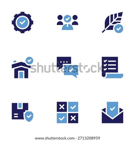 Checkmark icon set. Bold style. Duotone colors. feedback, compliance, hypoallergenic, list, good review, house, box, selection, check.