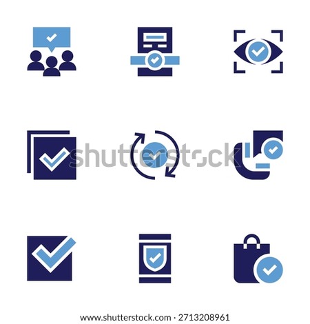 Checkmark icon set. Bold style. Duotone colors. audience, right, checked, call, approved, shopping bag, view, validated, protect.