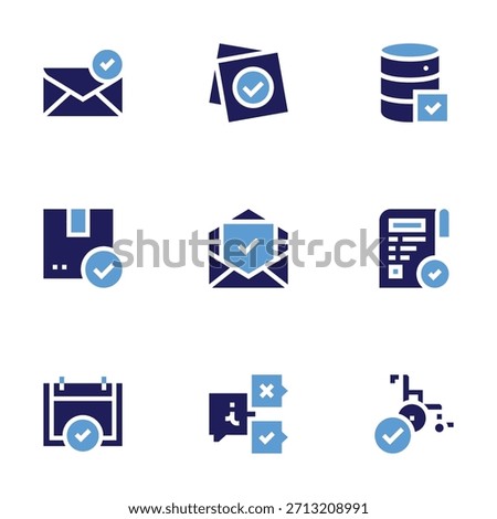 Checkmark icon set. Bold style. Duotone colors. sent, note, checked, database, email, check, contract, information, wheelchair.