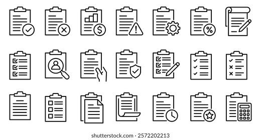 Checkmark icon set. Check mark icons. Checklist, report, survey, agreement, note, approved, correct, vote, clipboard, document, hand, shield, schedule, pencil, checkbox, certificate, test, tick.