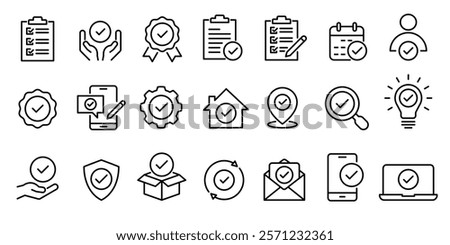 Checkmark icon set. Check mark icons. Checklist, survey, agreement, arrow, approved, correct, vote, bulb, document, hand, shield, schedule, pencil, checkbox, certificate, test, magnifying glass, tick.