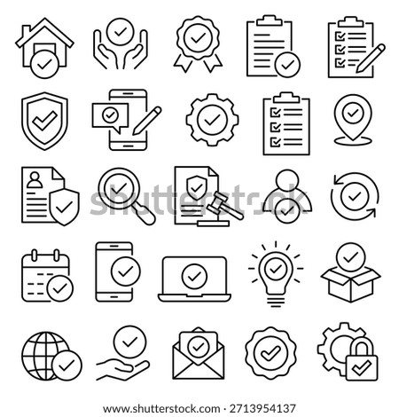 Checkmark icon set. Check mark icons. Checklist, survey, agreement, arrow, approved, correct, vote, bulb, document, hand, shield, schedule, pencil, checkbox, certificate, test, magnifying glass, tick.