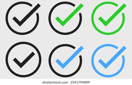 Ícone de marca de seleção definido. Sinal de caixa de seleção. ícone de marca de seleção aprovada. Ícone de marca de seleção verde Marca de seleção com sinal direito. Ícone de marca definido. Botão de verificação verde