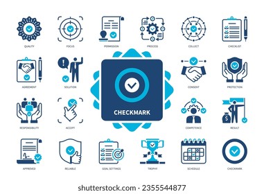 Markierungssymbol eingestellt. Checkliste, Prozess, Vereinbarung, Fokus auf Ziel, Berechtigung, Akzeptanz, Qualität, zuverlässig. Duotone-Farbsymbole