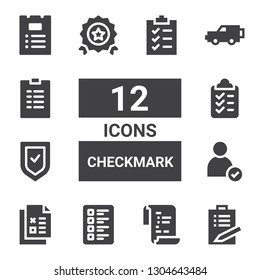 checkmark icon set. Collection of 12 filled checkmark icons included List, Test, Checklist, Check, Verified, Clipboard, Quality, x