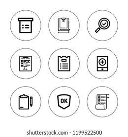 Checkmark icon set. collection of 9 outline checkmark icons with clipboard, check mark, event, list, testing icons. editable icons.