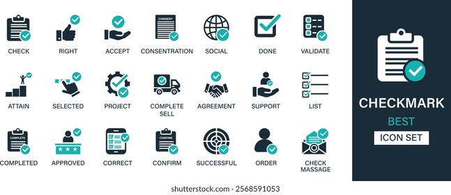 Checkmark icon set collection. Check, right, accept, concentration, social, done, validate, attain, selected, project, complete sell, agreement and best solid icon set.