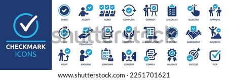 Checkmark icon set. Containing check, accept, agree, selected, confirm, approve, correct, complete, checklist, and verified icons. Solid icon collection. Сток-фото © 