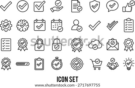Checkmark icon set. Containing check, accept, agree, selected, confirm, approve, correct, complete, checklist, verified and more. Vector illustration.