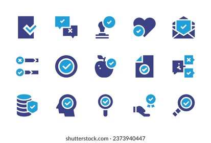 Checkmark icon set. Duotone color. Vector illustration. Containing file, survey, bar, check, verification, tick, approved, value proposal, inspection, rubber stamp, favorite, email, healthy food.