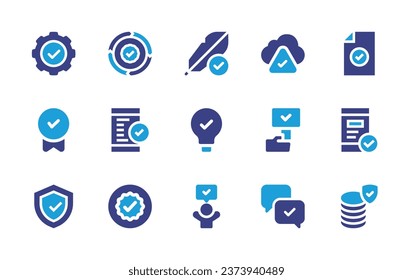 Checkmark icon set. Duotone color. Vector illustration. Containing gear, renew, warranty, check, shield, verified, cloud, hypoallergenic, agree, idea, feedback, success, document, mobile, server.