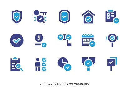 Checkmark icon set. Duotone color. Vector illustration. Containing verification, check, quality control, shield, accepted, time, list, checklist, calendar, loupe, answer, acceptance, key, financial.