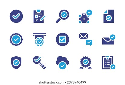 Juego de iconos de marca de verificación. Color de duotona. Ilustración vectorial. Conteniendo aceptación, verificación, blindaje, documento, búsqueda, verificación, computación en nube, cuestionario, correo electrónico, premio, lista de verificación, kit de primeros auxilios, medalla