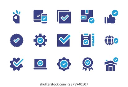 Checkmark icon set. Duotone color. Vector illustration. Containing ok, tick, checkmark, accept, right, checked, award, compliance, check, responsive, world, house, delivery box, immigration.