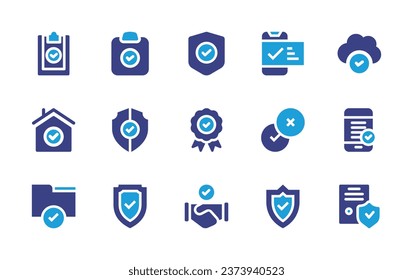 Checkmark icon set. Duotone color. Vector illustration. Containing customer satisfaction, tick, check mark, order, security, shield, badge, deal, verified, tasks, insurance, survey.