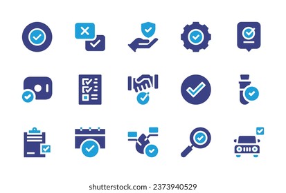 Checkmark icon set. Duotone color. Vector illustration. Containing check mark, tick, search, check, easy installation, data protection, agreement, water, vote yes, tube, vehicle.