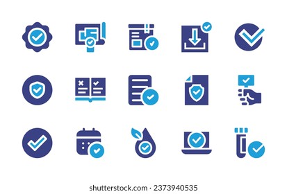 Checkmark icon set. Duotone color. Vector illustration. Containing verify, security, checklist, box, accept, hypoallergenic, download, check, insurance, auction, laptop, test tube, blueprint.
