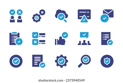 Checkmark icon set. Duotone color. Vector illustration. Containing agree, compliant, check, server, searching, agreement, accept, checked, easy installation, read, exam, protection, quality control.