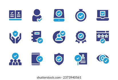 Checkmark icon set. Duotone color. Vector illustration. Containing compliant, protection, staff, data storage, verified, verify, alarm, check, badge, rating, sight, user, corporate policy, approve.