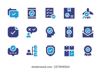 Checkmark icon set. Duotone color. Vector illustration. Containing approve, correct, candidate, accept, analysis, list, head, sticky note, secure, check list, smartphone, success, validation, delivery