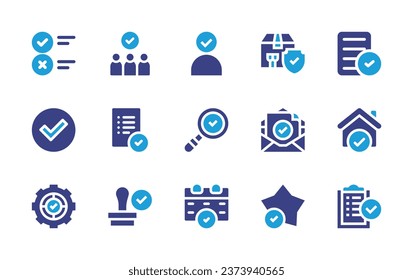 Markierungssymbol eingestellt. Duotonfarbe. Vektorgrafik. Mit Vor- und Nachteile, Scheck, Annahme, Vermietung, Qualitätskontrolle, Kalender, Checkliste, Stempel, Haus, Stern, konform, Paket, Brief.