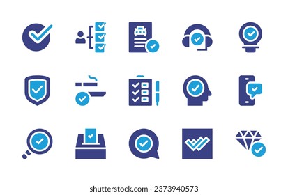 Checkmark icon set. Duotone color. Vector illustration. Containing correction, idea, driving test, checklist, double check, verified, validate, shield, phone, diamond, customer service, human, smoking