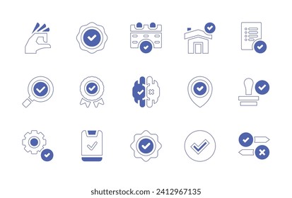 Checkmark icon set. Duotone style line stroke and bold. Vector illustration. Containing ok, decision, loupe, easy installation, done, award, calendar, approval, decision making, verify, checklist.