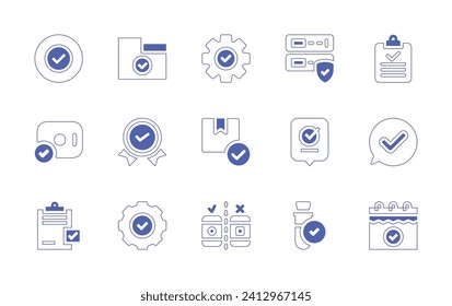 Checkmark icon set. Duotone style line stroke and bold. Vector illustration. Containing clipboard, success, check mark, checkmark, tick, folder, trusted, gear, easy installation, box, testing, server.