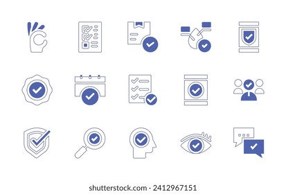 Checkmark icon set. Duotone style line stroke and bold. Vector illustration. Containing vote, done, shield, check mark, package, search, list, head, water, smartphone, vision, protect, selection.