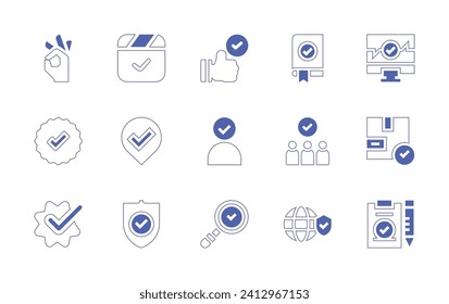 Checkmark icon set. Duotone style line stroke and bold. Vector illustration. Containing ok, tick, checkmark, correct, accept, security, hired, quality control, learning, world, monitor, delivery box.