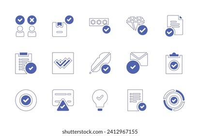 Checkmark icon set. Duotone style line stroke and bold. Vector illustration. Containing correct, agree, renew, compliant, check, delivered, double check, password, server, hypoallergenic, idea.