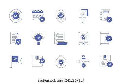 Juego de iconos de marca de verificación. Curso de línea de estilo duotónico y negrita. Ilustración vectorial. Con verificación, marca de verificación, marca, verificación, lista, hipoalergénica, calendario, respuesta, aceptación, aceptación, voto electrónico.