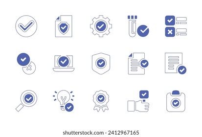 Checkmark icon set. Duotone style line stroke and bold. Vector illustration. Containing approve, check mark, easy installation, shield, badge, insurance, laptop, test tube, idea, accept, agree.
