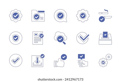 Checkmark icon set. Duotone style line stroke and bold. Vector illustration. Containing verify, security, checklist, verified, searching, accept, folder, mark, check, download, auction, smoking area.