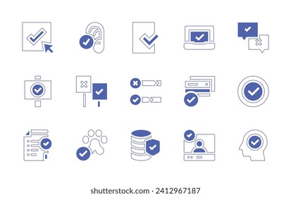 Checkmark icon set. Duotone style line stroke and bold. Vector illustration. Containing file, survey, bar, check, verification, tick, verified user, approved, analysis, pet friendly, ear, laptop.