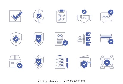 Checkmark icon set. Duotone style line stroke and bold. Vector illustration. Containing checkbox, shield, box, approval, driving test, checklist, security, deal, wallet, message, credit card.
