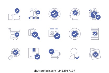 Checkmark icon set. Duotone style line stroke and bold. Vector illustration. Containing motivation, success, user, right, double check, stopwatch, manufacture, cart, photo camera, mobile, check.