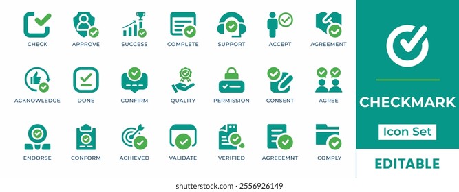 Checkmark Icon Set. Features editable icons for check symbols, approve, success, complete, support, accept, agreement, acknowledge, and more. Perfect for websites, apps, and digital projects.