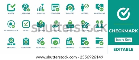 Checkmark Icon Set. Features editable icons for check symbols, approve, success, complete, support, accept, agreement, acknowledge, and more. Perfect for websites, apps, and digital projects.