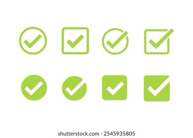 Checkmark icon set. Green check mark vector sign. Checkmark  sign isolated on white background. Yes tick in checkbox. 