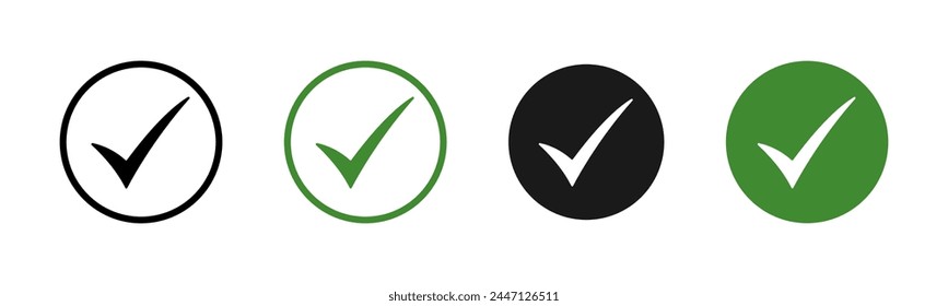 Checkmark icon set. Green ok, accept or yes buttons. Checked icon or correct choice sign. Check mark or checkbox pictogram. Tick illustration isolated.