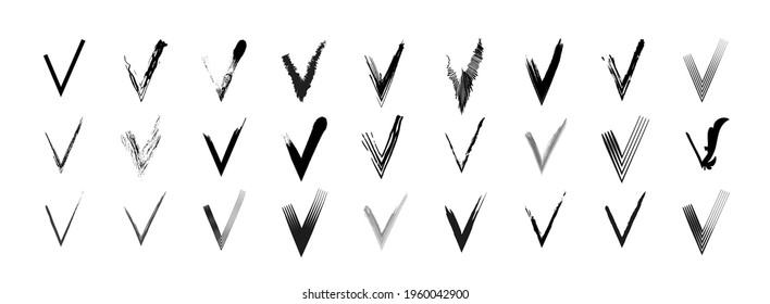Checkmark icon set in grunge hand drawn vector style, brush stroke black check mark, approved sign collection.